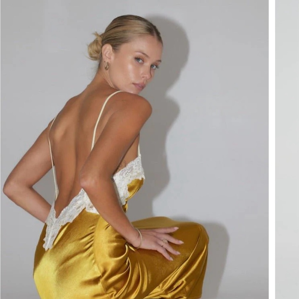 RESA Celine Dress.  Elegant Gold Satin Dress with Lace Trim